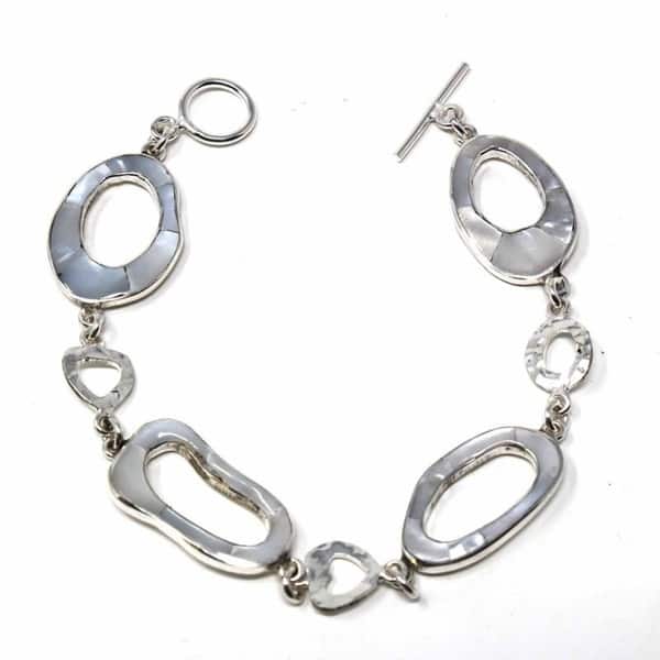 slide 1 of 2, Handmade Silver and Mother-of-Pearl Rings Link Bracelet