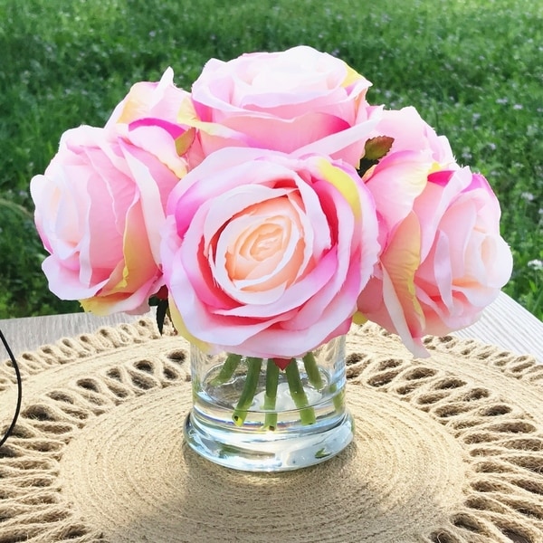 Enova Home Pink 7 Heads Open Rose Silk Flower Arrangement in Clear Glass Vase with Faux Water