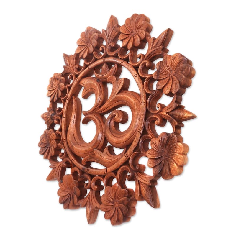 Handmade Lively Om Wood relief panel (Indonesia) - 15.75" H x 15.25" W x 0.8" D