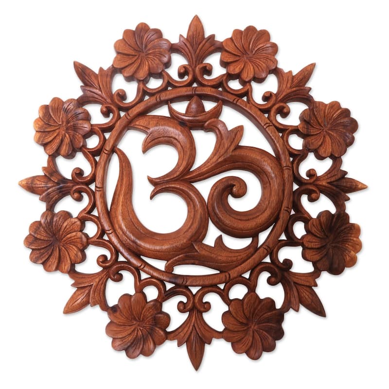 Handmade Lively Om Wood relief panel (Indonesia) - 15.75" H x 15.25" W x 0.8" D