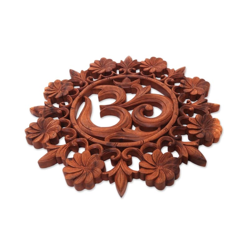 Handmade Lively Om Wood relief panel (Indonesia) - 15.75" H x 15.25" W x 0.8" D