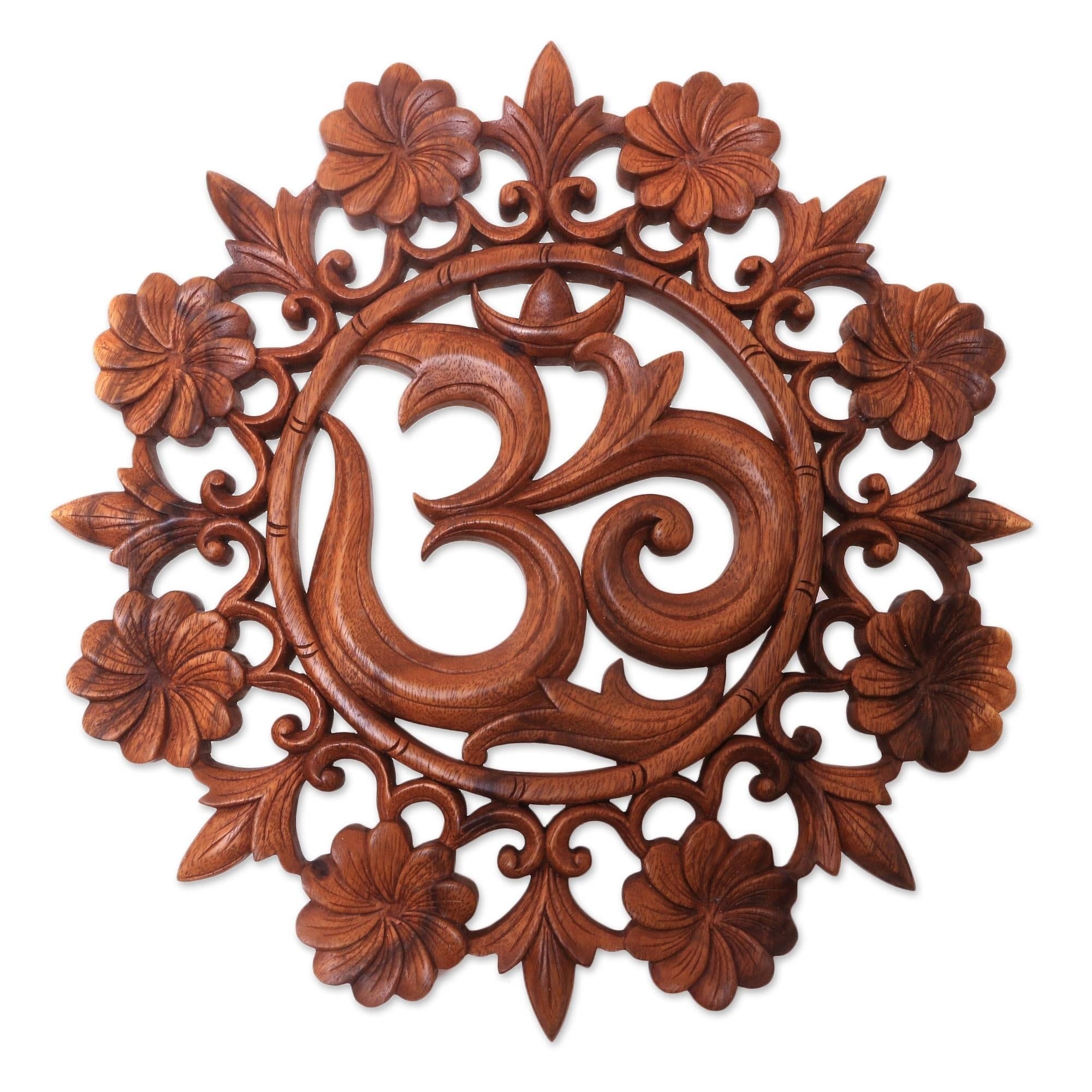 Handmade Lively Om Wood relief panel (Indonesia) - 15.75" H x 15.25" W x 0.8" D