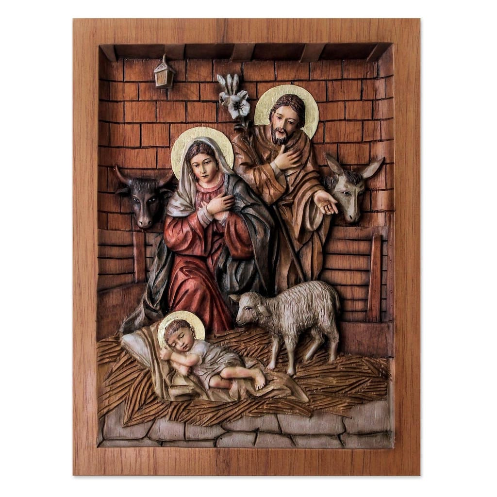 Handmade In a Stable in Bethlehem Cedar relief panel (Peru)