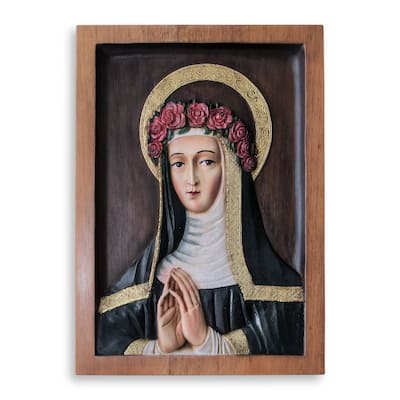 Handmade Saint Rose of Lima Cedar relief panel (Peru)