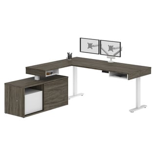 Strick and Bolton Cubiles Adjustable L-shaped Desk with Dual Monitor Arm (Walnut Grey and White)