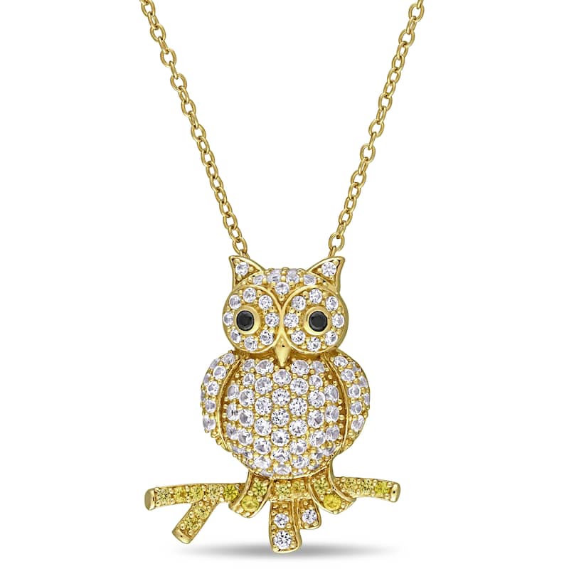 Miadora Yellow Plated Sterling Silver Created White and Yellow Sapphire Black Spinel Owl Necklace