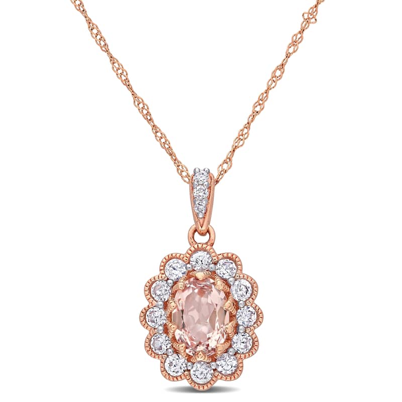 Miadora 10k Rose Gold Morganite White Sapphire and Diamond Floral Halo Drop Necklace