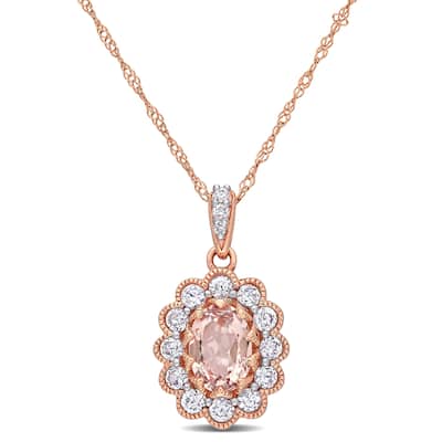 Miadora 10k Rose Gold Morganite White Sapphire and Diamond Floral Halo Drop Necklace