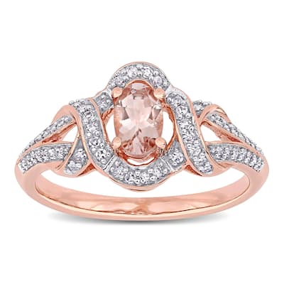 Miadora 10k Rose Gold Oval-cut Morganite and 1/5ct TDW Diamond Interlaced Halo Engagement Ring