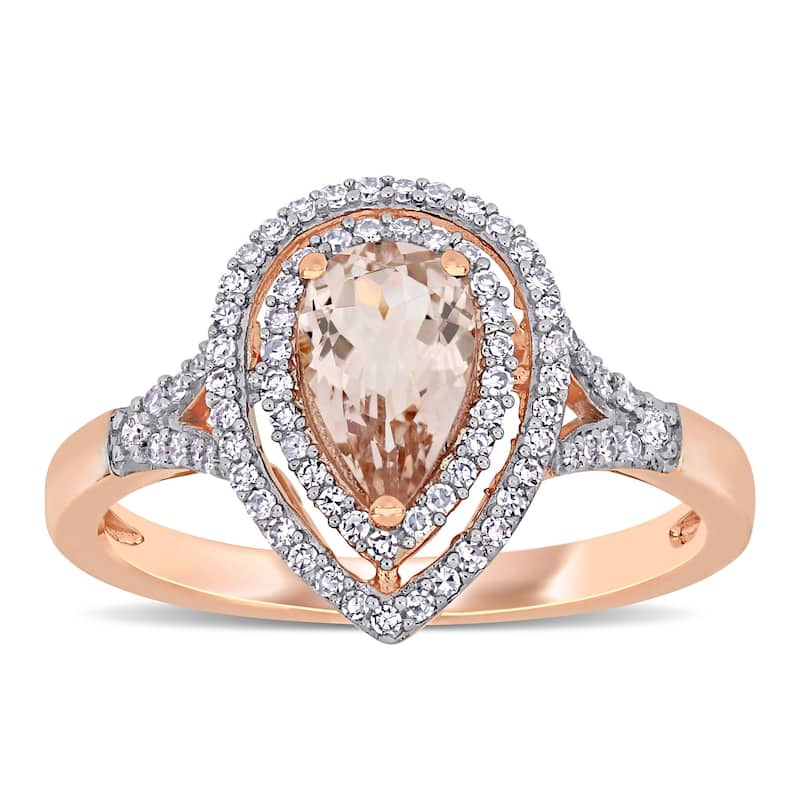Miadora 14k Rose Gold Pear-cut Morganite and 1/4ct TDW Diamond Double Teardrop Halo Engagement Ring