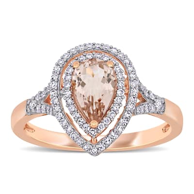 Miadora 14k Rose Gold Pear-cut Morganite and 1/4ct TDW Diamond Double Teardrop Halo Engagement Ring