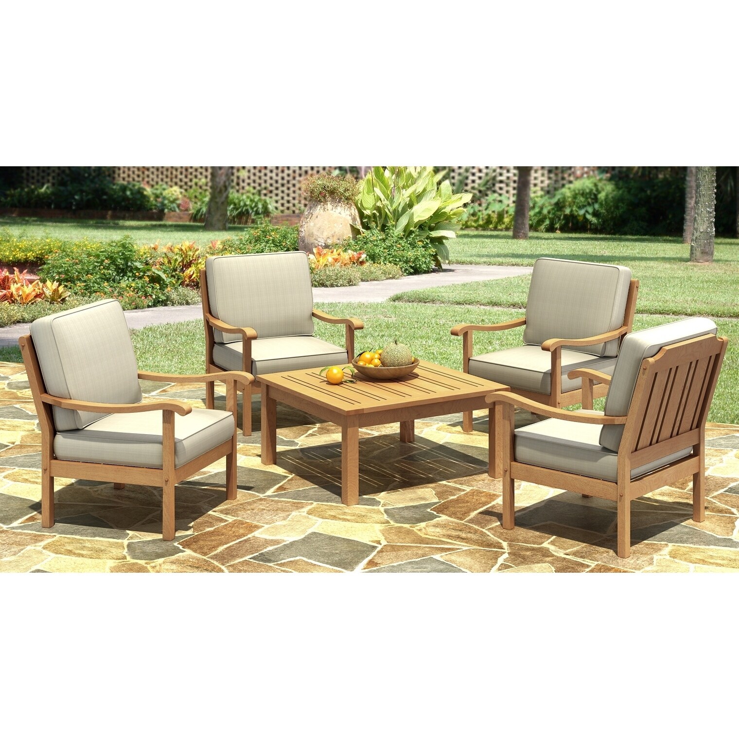 5 Piece Oak Wood Finish Patio Set With Cushions Oak Wood Finish Patio Set With Cushions