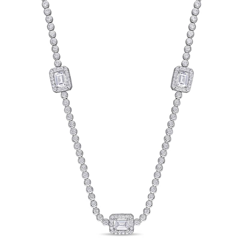 Miadora Sterling Silver 15ct TGW Emerald and Round-Cut Cubic Zirconia Station Necklace