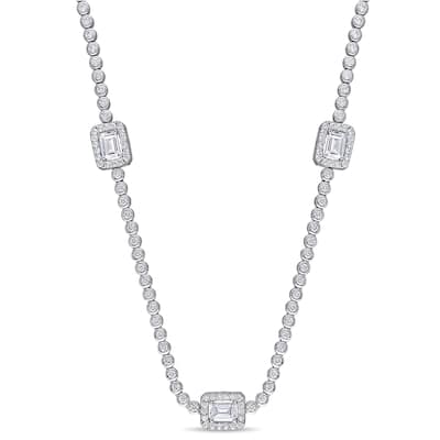 Miadora Sterling Silver 15ct TGW Emerald and Round-Cut Cubic Zirconia Station Necklace