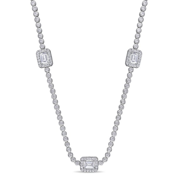 Miadora Sterling Silver 15ct TGW Emerald and Round-Cut Cubic Zirconia Station Necklace