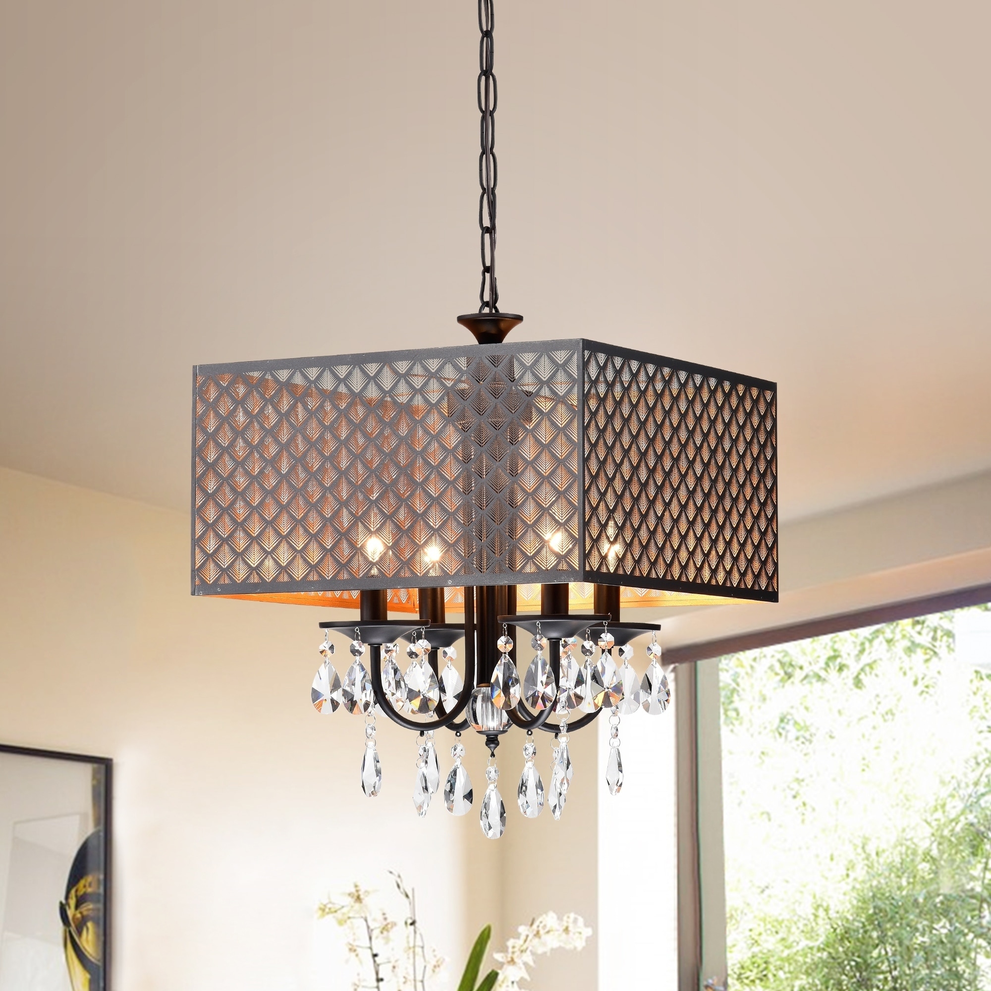 Warehouse of Tiffany Aneji Matte Black/Gold 4-light Crystal Chandelier with 16-inch Metal Shade.