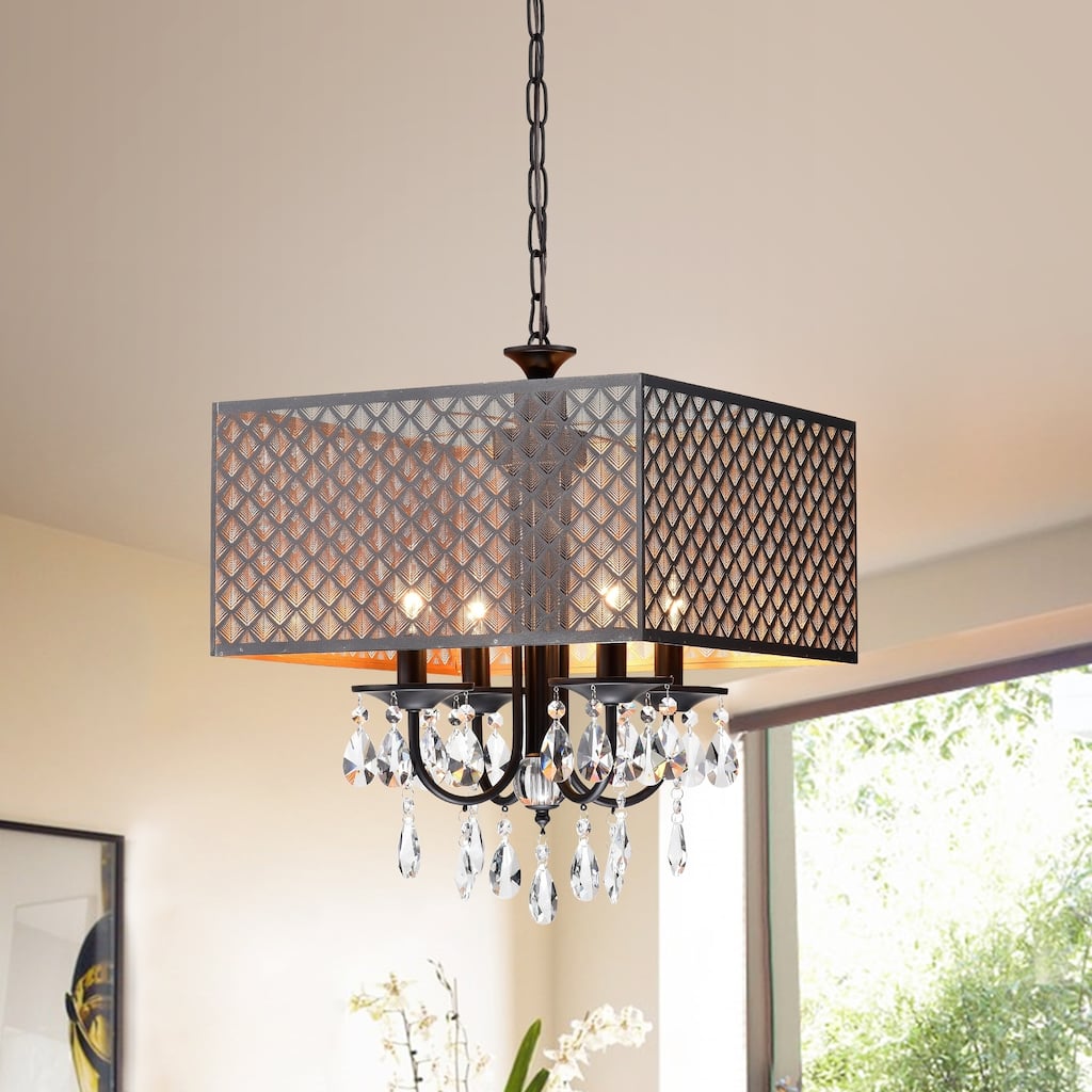 Warehouse of Tiffany Aneji Matte Black/Gold 4-light Crystal Chandelier with 16-inch Metal Shade.