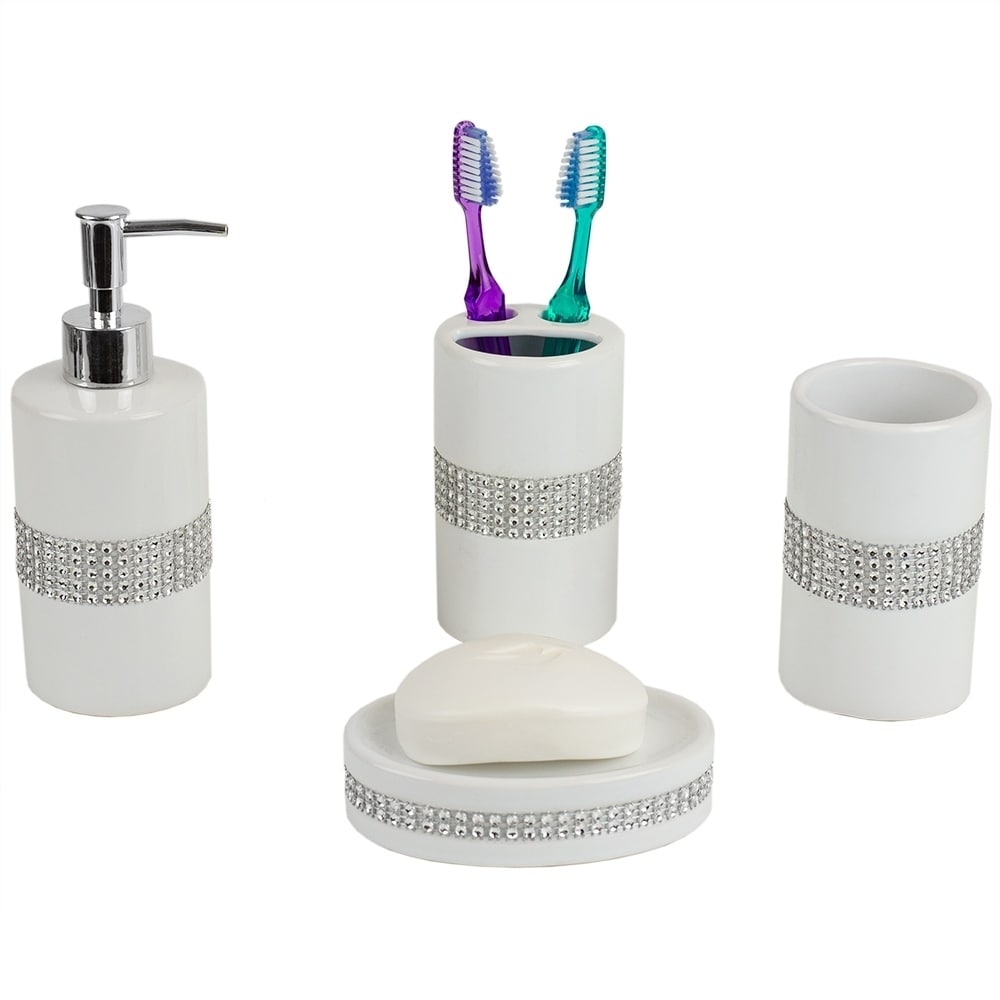 Creative Scents Bathroom Accessories Set 4-Piece Silver Mosaic Glass Luxury Bathroom Gift Set Includes Soap Dispenser Toothbrush Holder Tumbler
