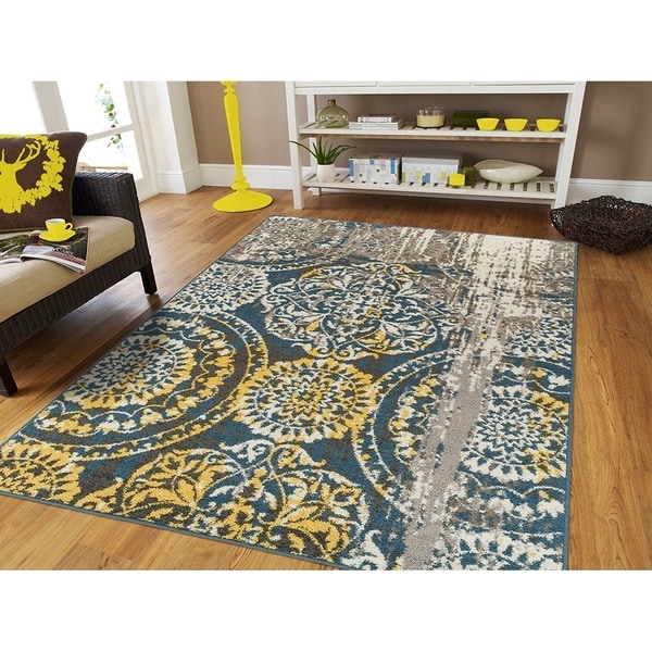 Porch & Den Garibaldi Large Yellow, Grey, and Blue Distressed Multi-Medallion Area Rug