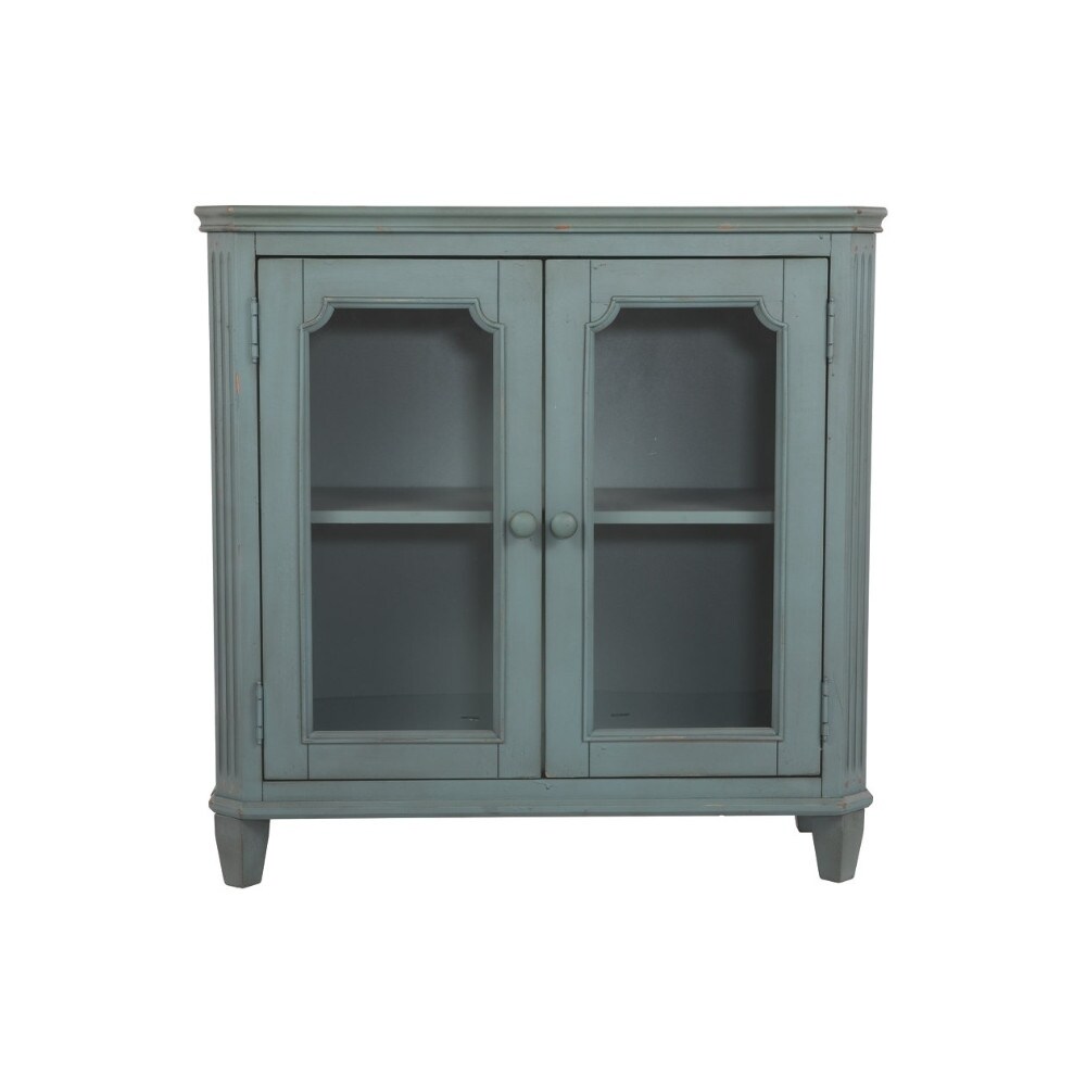 Shop Distressed Wooden Accent Cabinet With Glass Front Doors Storage Vintage Blue On Sale Overstock 28114916