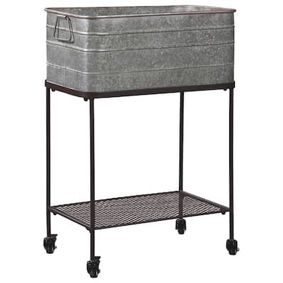 Rectangular Metal Beverage Tub with Stand and Open Grid Shelf, Gray and Black