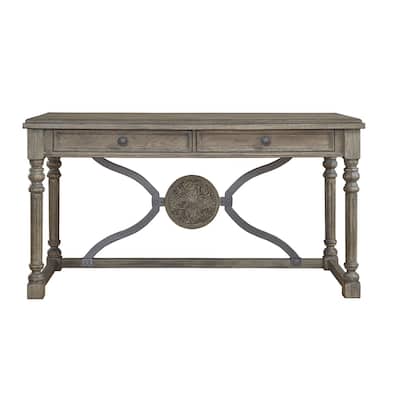Two Drawers Wooden Desk with Aesthetic Medallion Metal Accent, Gray and Brown