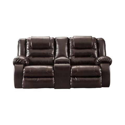 Leatherette Upholstered Metal Reclining Loveseat with Lift Top Storage Console, Brown