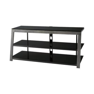 Metal Framed TV Stand with Tempered Glass Shelves and Top, Black and Gray