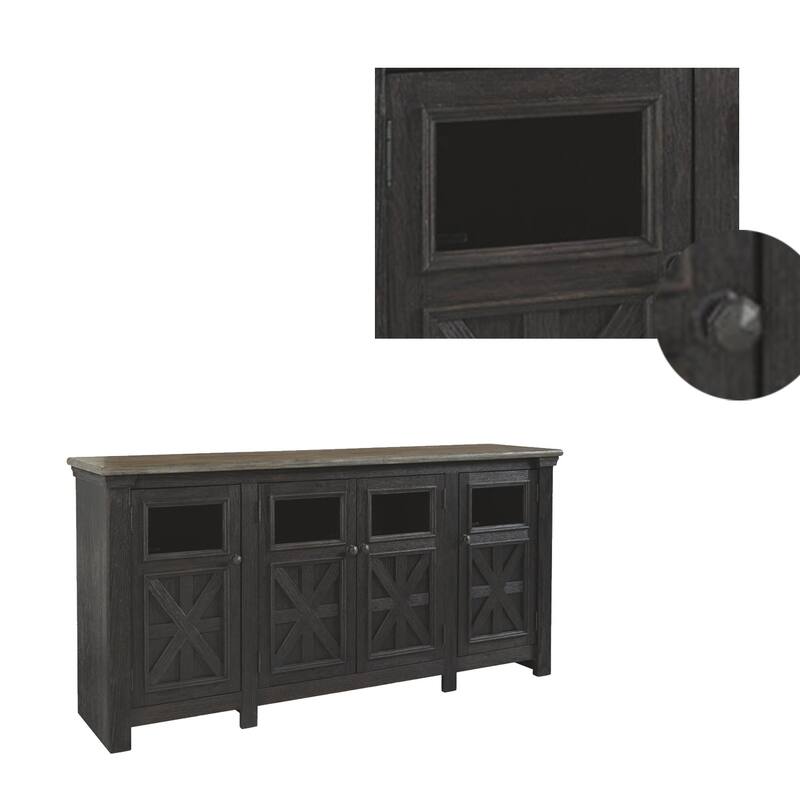 Dual Tone Wooden TV Stand with Four Cross Buck Doors Storage, Extra Large, Brown and Black