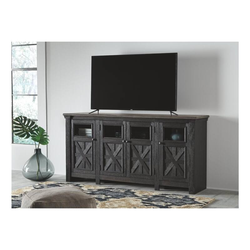 Dual Tone Wooden TV Stand with Four Cross Buck Doors Storage, Extra Large, Brown and Black