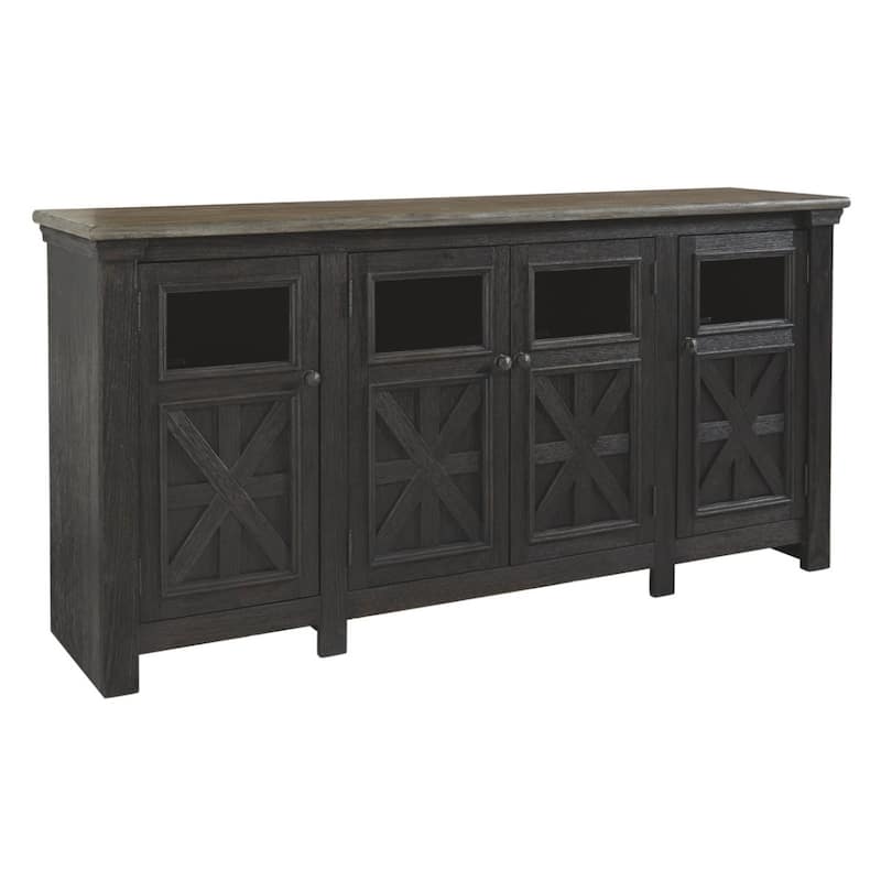 Dual Tone Wooden TV Stand with Four Cross Buck Doors Storage, Extra Large, Brown and Black