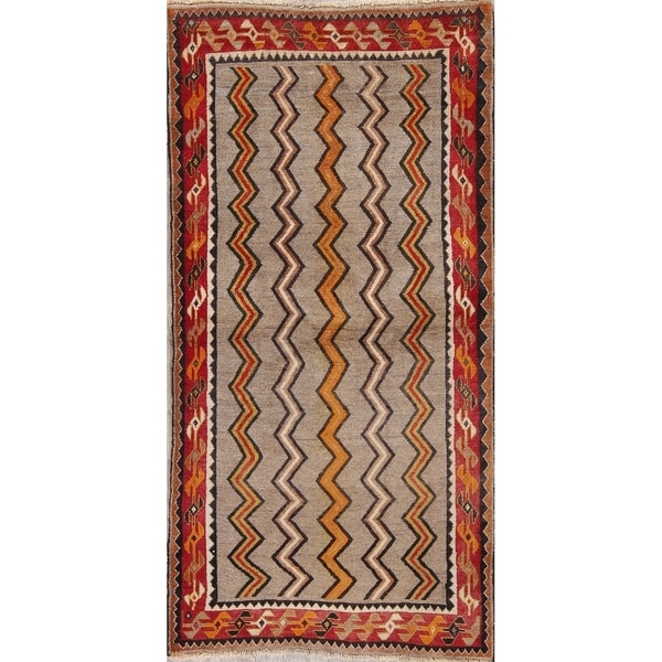 Vintage Zig-Zag Persian Hand-Knotted Wool Oriental Runner Rug - 6'6" x 3'4" Runner