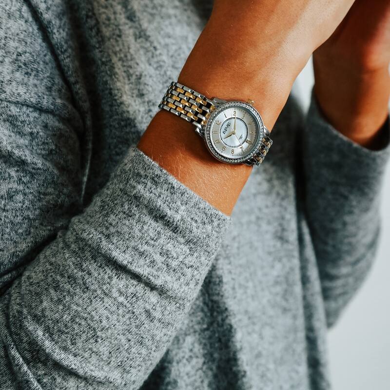 August Steiner Diamond Mother of Pearl Crystal Two-tone Bracelet Watch - Two Tone-Gunmetal - Two Tone-Gunmetal