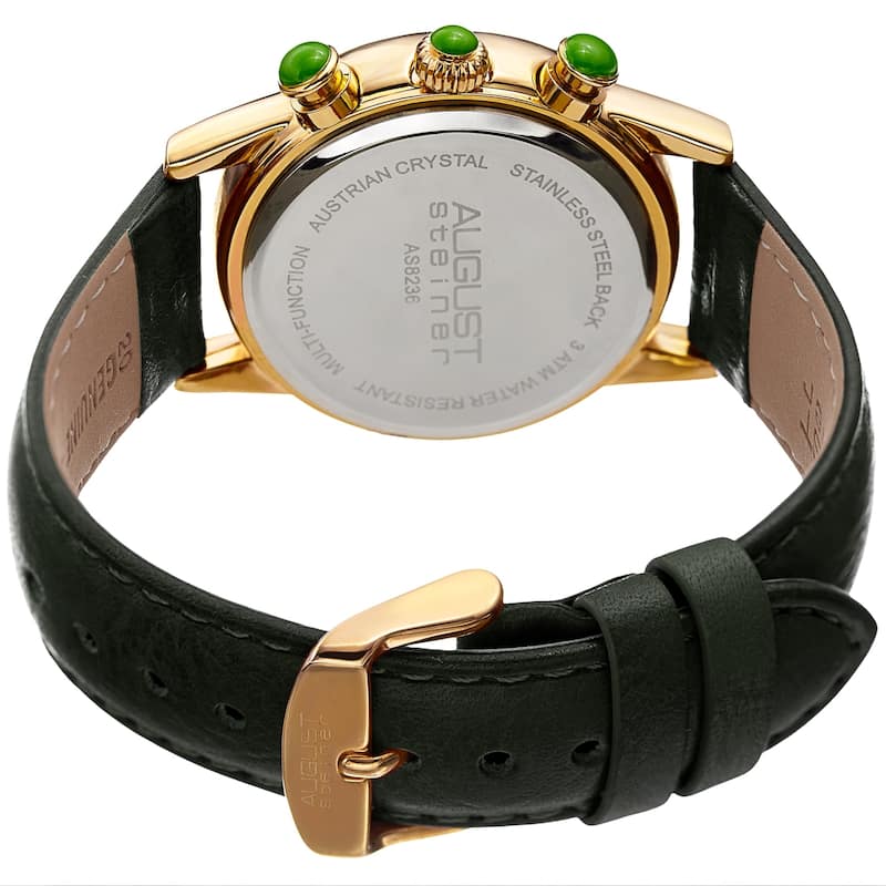 August Steiner Women's Multifunction Dual Time Swarovski Crystal Gold-Tone/ Green Leather Strap