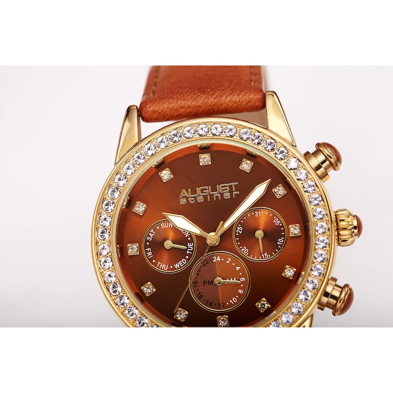 August Steiner Women's Multifunction Dual Time Swarovski Crystal Gold-Tone/ Green Leather Strap