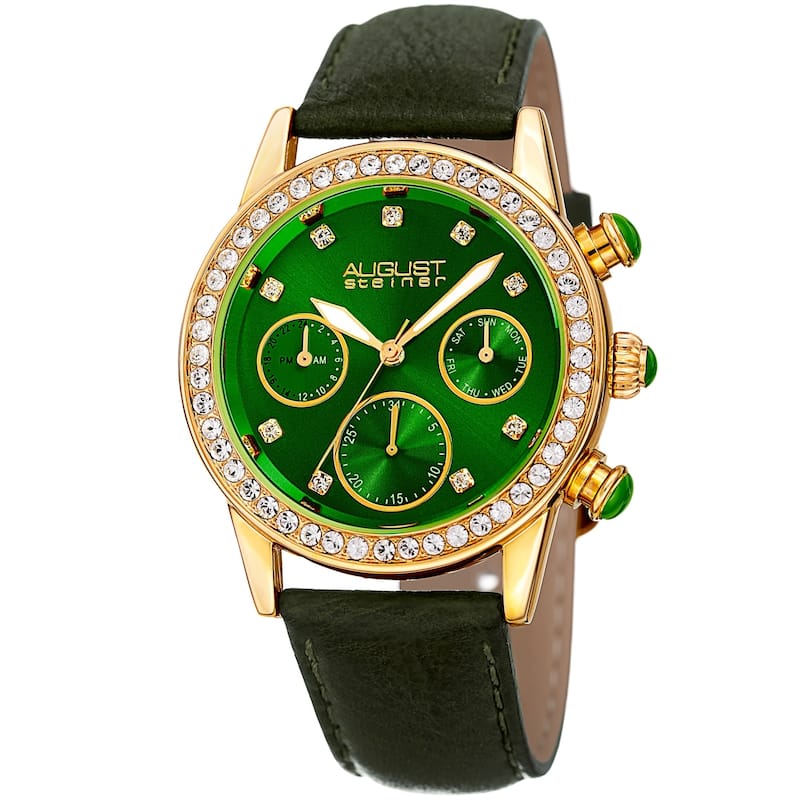 August Steiner Women's Multifunction Dual Time Swarovski Crystal Gold-Tone/ Green Leather Strap