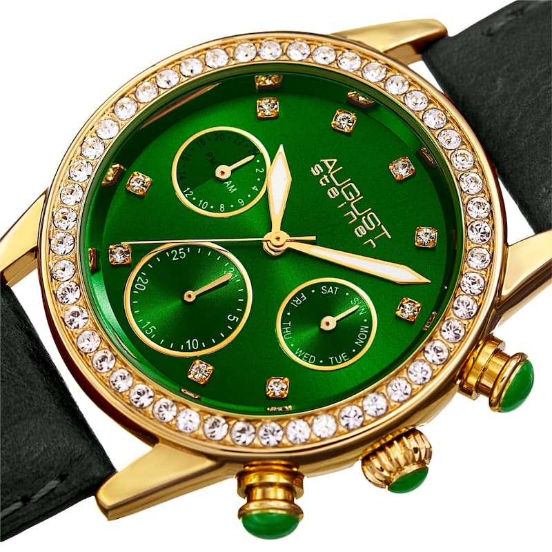 August Steiner Women's Multifunction Dual Time Swarovski Crystal Gold-Tone/ Green Leather Strap