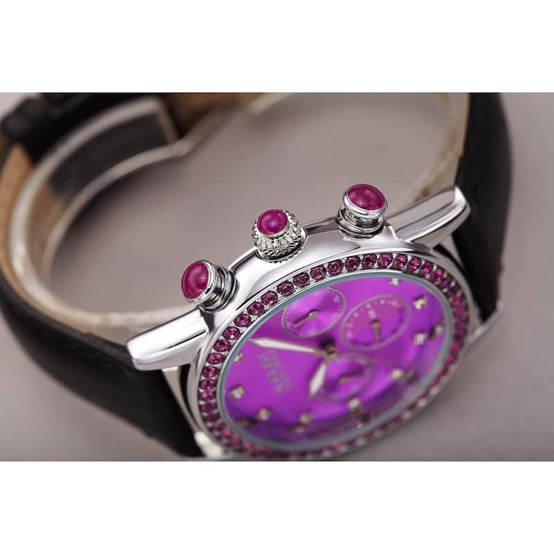 August Steiner Women's Multifunction Dual Time Swarovski Crystal Gold-Tone/ Green Leather Strap