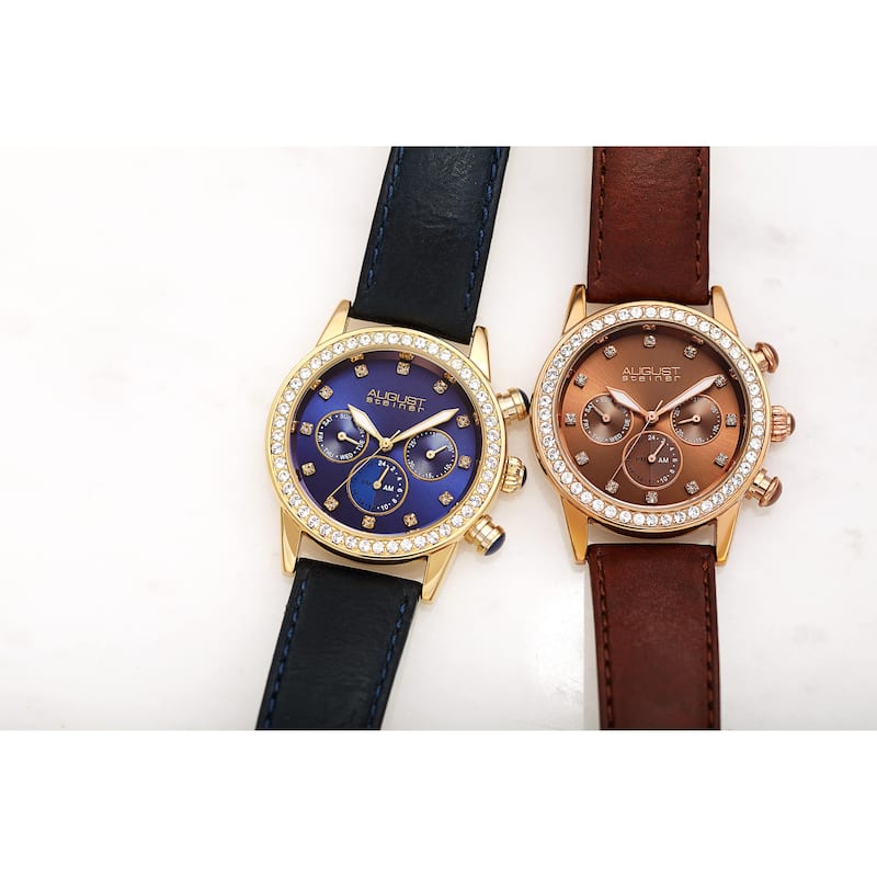 August Steiner Women's Multifunction Dual Time Swarovski Crystal Gold-Tone/ Green Leather Strap