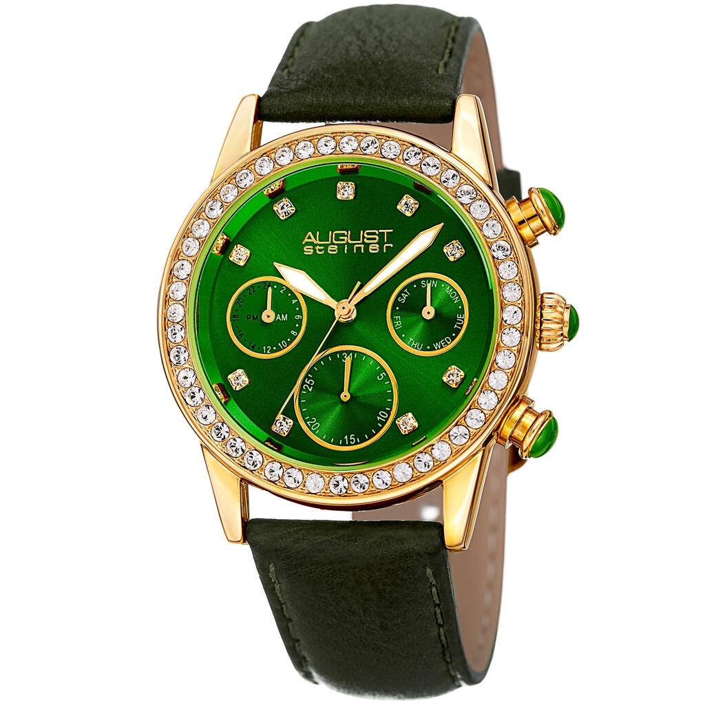August Steiner Women's Multifunction Dual Time Swarovski Crystal Gold-Tone/ Green Leather Strap