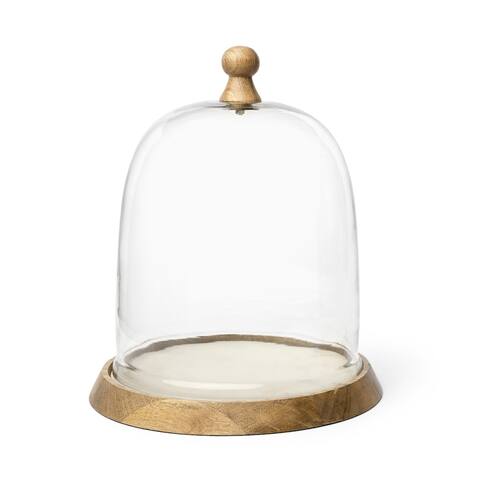 Campana II Large Light Brown Solid Wood & White Marble Base Glass Cloche - Small
