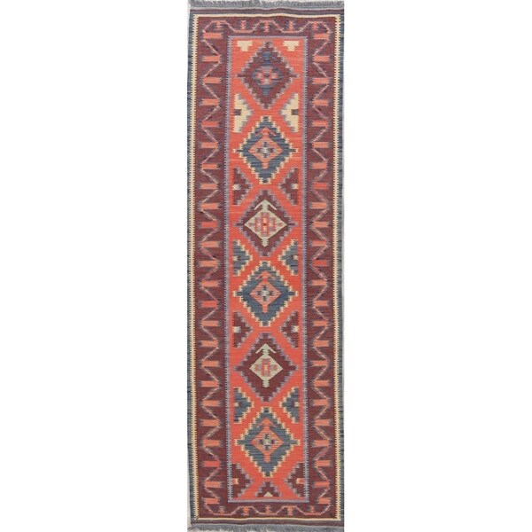 One-Of-A-Kind Flatweave Kilim Hand-Woven Turkish Runner Rug Wool - 9'3" x 2'8" Runner