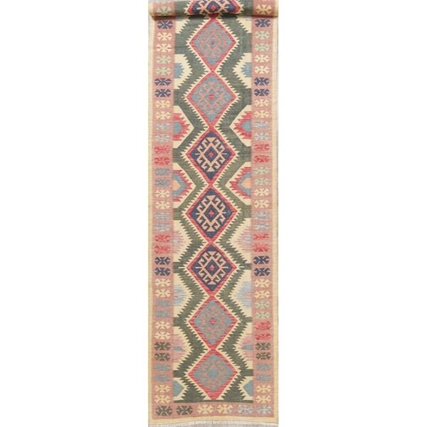 Modern Flat-Weave Tribal Turkish Kilim Hand-Woven Wool Runner Rug - 18'4" x 3'11" Runner