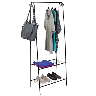 2 Shelf Free-Standing Garment Rack with Hooks, Black
