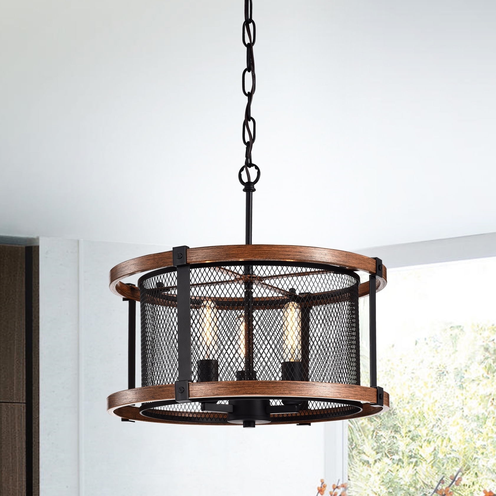 Warehouse of Tiffany Airi Imitation Wood Grain/Black 3-light Chandelier