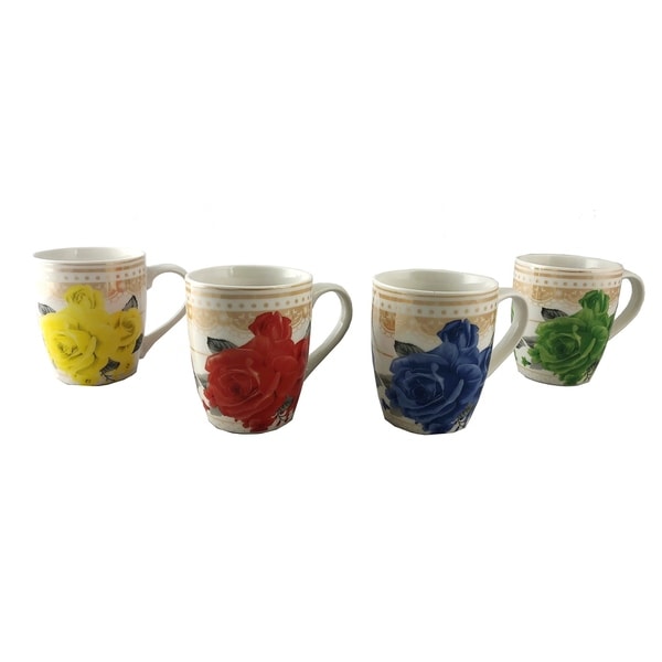 Vintage Style Tea or Coffee Mugs Set of 4 Multicolor Floral Design w/Gold Background Gift Set