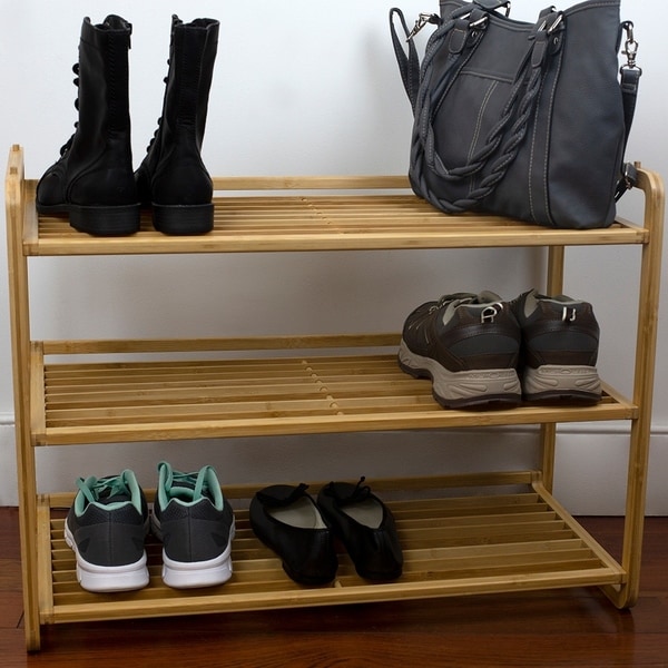 3 Tier Slatted Shelf Bamboo Shoe Rack, Natural