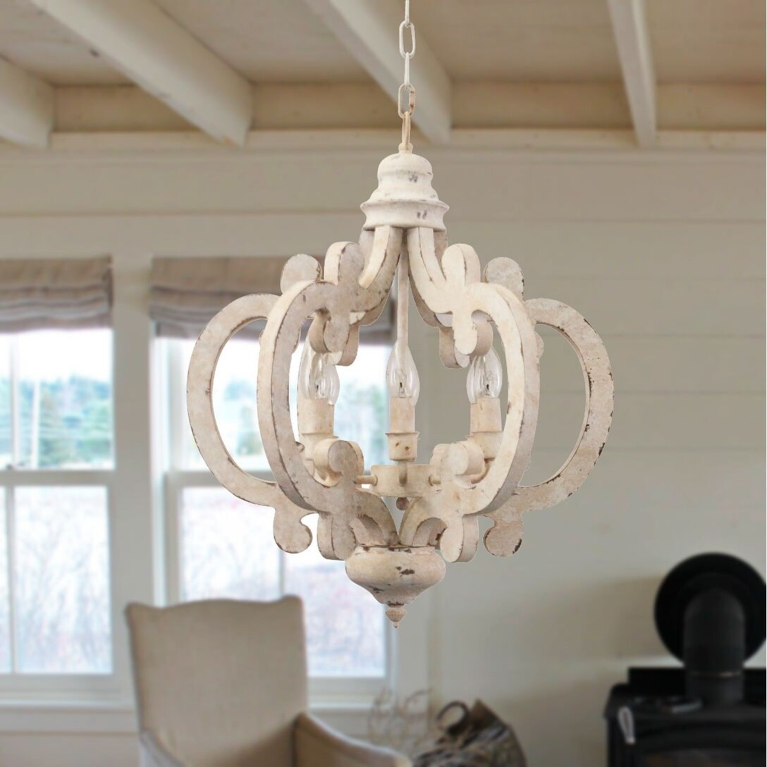 Cottage Chic Crown Wood Chandelier, 6-Light Farmhouse Wooden Pendant - Chandeliers For Bedrooms by Overstock.com