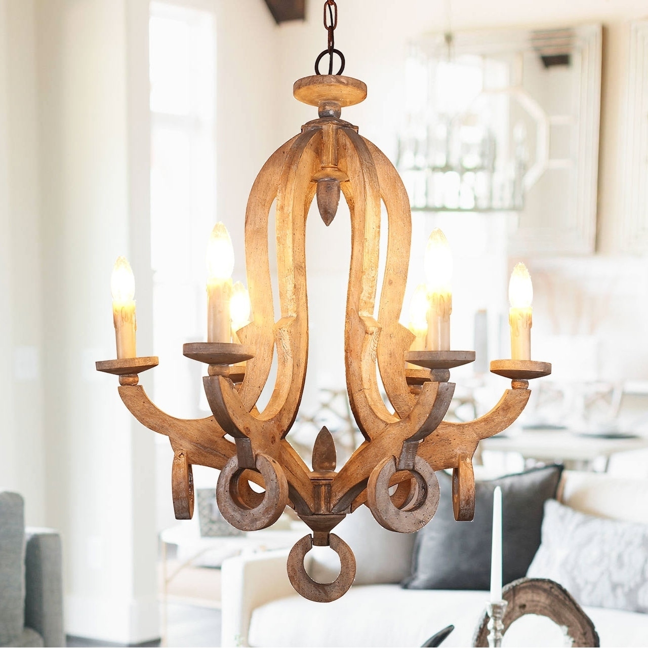 Shabby Chic Candle-style 6-Light Wooden Chandelier - Chandeliers For Bedrooms by Overstock.com