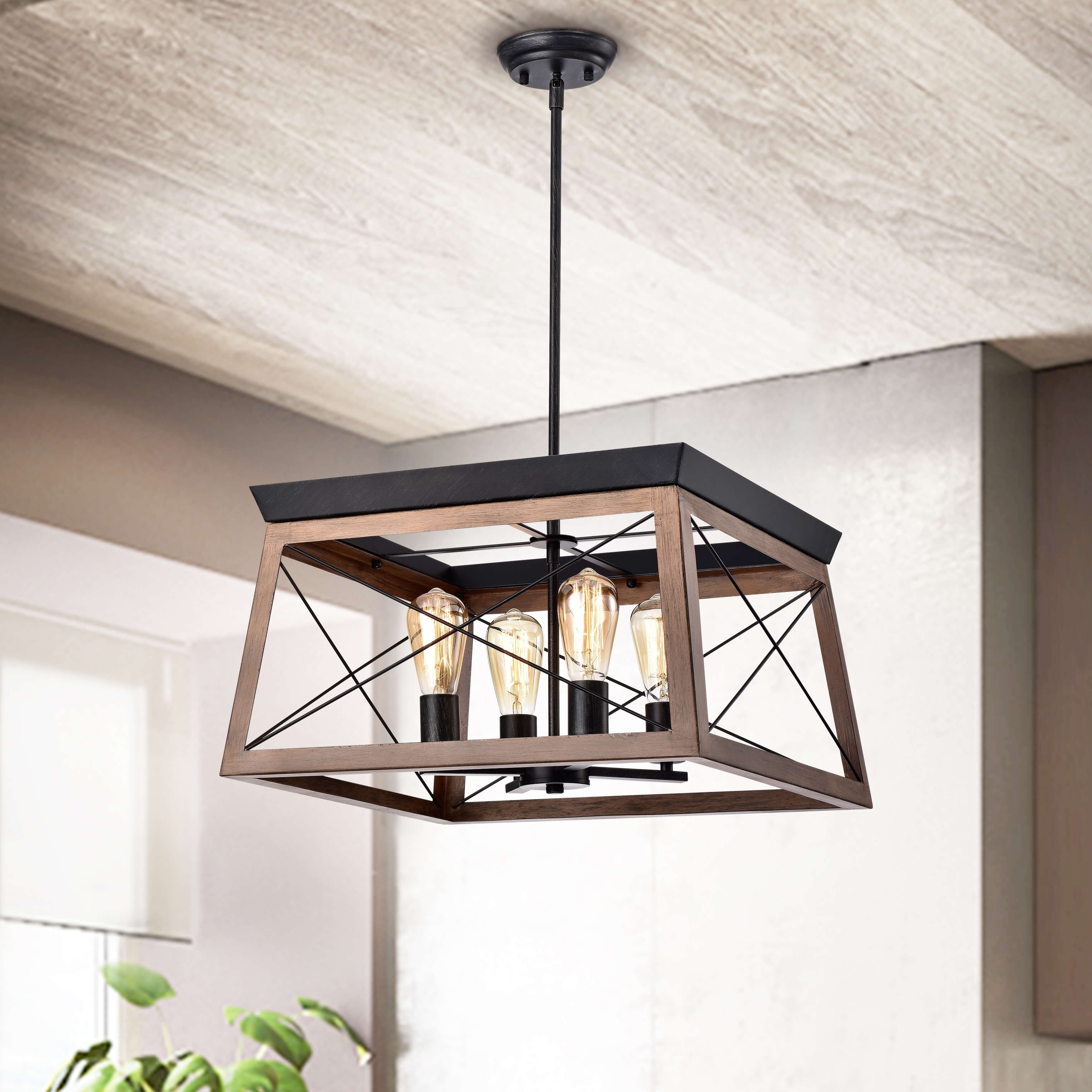 Carlota 4-light Antique Black and Wood-Color Finish Iron Frame Pendant - Chandeliers For Bedrooms by Overstock.com
